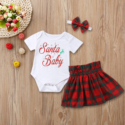 

Infant Baby Girls Letter Tops RomperPlaid Skirts Outfits Christmas Clothes Set