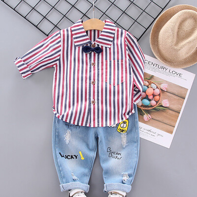 

Autumn Children Baby Boys Casual Long Sleeve Striped Print Shirt TopsCartoon Denim Pants Trouser Set