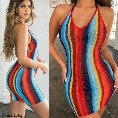 

Women Sexy Halterneck Stripe Blackless Mini Dress Bodycon Evening Party Clubwear