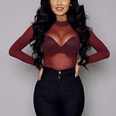 

Sexy Women T Shirt See Through Transparent Mesh Tops Long Sleeve Sheer Slim Ladies Turtleneck T-Shirt
