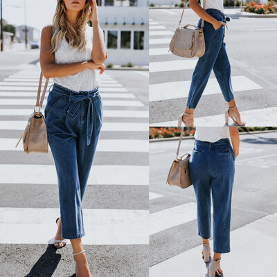 

Tailored Women Hight Waisted Loose Bow Bandage Hole Denim Jeans Stretch Pants Jean