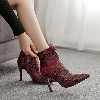 

Rose Women Ankle Zip Snake Painted Sexy Pointed Toe Bow Stiletto Heel Casual Booties