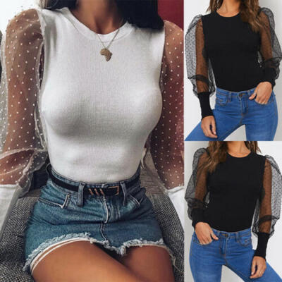 

UK Mesh Puff Sleeve Bodysuit Autumn Women Casual Sexy Round Neck Tops Romper