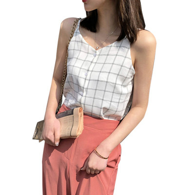 

Women Summer V Neck Plaid Tops Women Sleeveless Button Beach Casual Tank Tops Vest Female Sexy Strap Chiffon Tops
