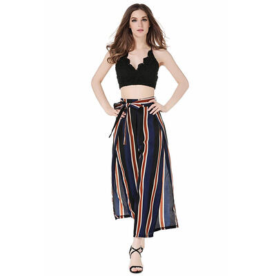 

Women Stripe Print Stripe Wide Leg Pants Bandage Loose Sexy Slit Trousers