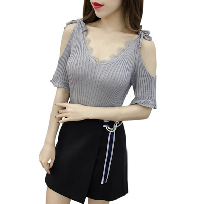 

Summer Beach T Shirt Women Casual Stretch V Neck Short Sleeve Tops Tee Cotton Off Shoulder T-Shirts