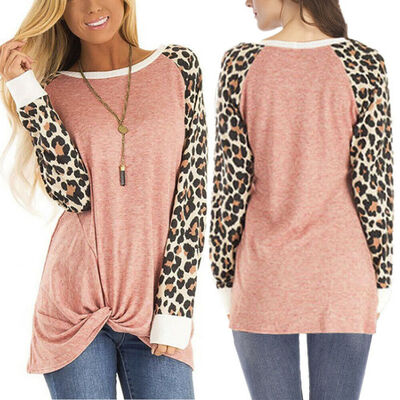 

Womens Leopard Long Sleeve Blouse Tee Ladies O Neck Casual Loose Tops T-Shirt