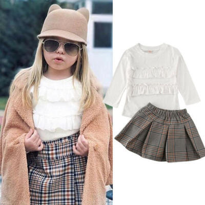 

2Pcs Toddler Kids Baby Girls Clothes Long Sleeve Top T-shirt Plaid Skirt Outfits