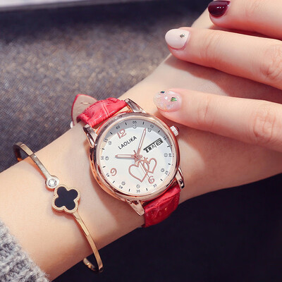 

Net red double calendar week belt watches female students love temperament fashion watches womens steel waterproof womens watche