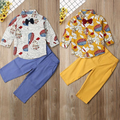 

Toddler Kids Boys Gentleman Outfits Leaf Printed Long Sleeve Bow Tie Shirts Top Solid Pants 2-7 Years