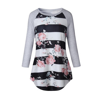 

Floral Print Stripe T-shirt Casual Long Sleeve Women Slim Fit Patchwork Top
