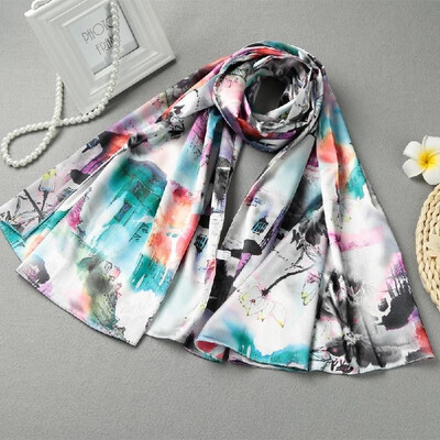 

Vintage Women Silk Scarf Chinese Ink And Wash Print Long Scarves Shawl Pashmina