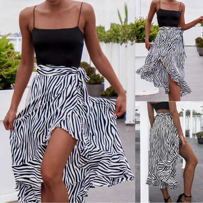 

Roseonmyhand Fashion Women Zebra Striped Print Bandage Open Fork Ruffles Hem Bohemia Skirt