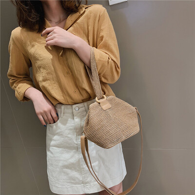 

Women Handmade Rattan Weave Handbag Straw Knit Messenger Bag Ladys Shoulder Bags Top-handle Bag Sac A Main YJ