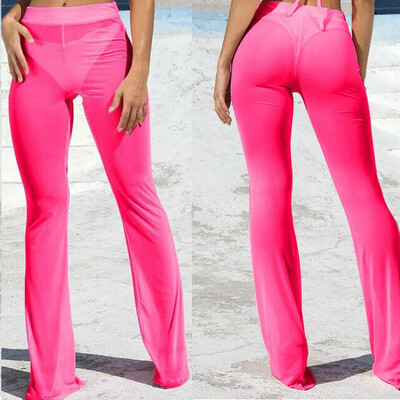 

Womens Flared Pants High Waist Leg Mesh Lace See Through Casual Long Trousers