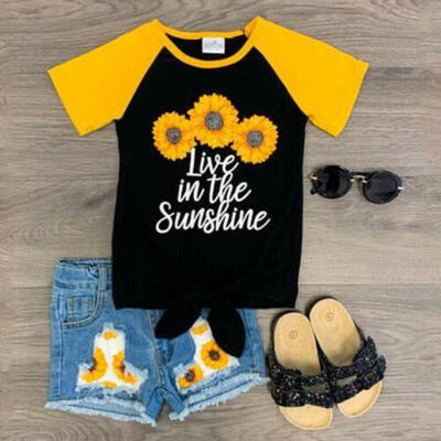 

US Summer Baby Kids Girls Toddler Tops T-shirtDenim Pants Outfits Clothes Sets