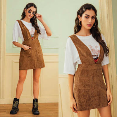 

CA Autumn Winter Women Double Pocket Corduroy Suspender Skirt Frill Ruffle Skirt