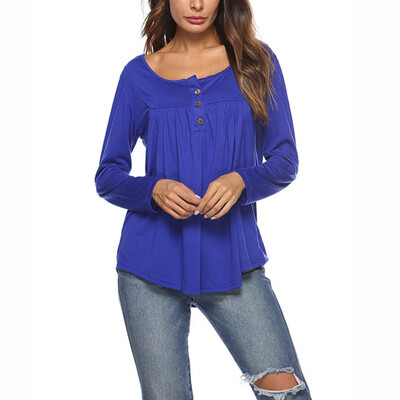 

Women T Shirt Tops Long Sleeve O-Neck Button T Shirts Pleated Autumn Winter Casual Solid Women Tshirt Female Loose Tops