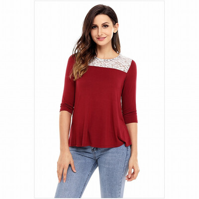 

Multicolor round neck cropped sleeves back hollow neck button lace stitching top