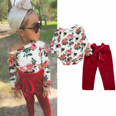 

UK Infant Baby Girls Kid Straight Shoulder Floral Romper Trousers Clothes Sets