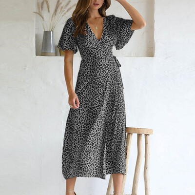 

Fashion Ladies Leopard Print Sundress Summer Short Sleeve Dress Casual V-Neck Midi Dress