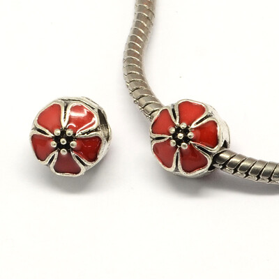 

Alloy Enamel Flower Large Hole Style European Beads Antique Silver FireBrick 10x11mm Hole 4mm