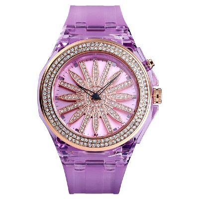 

SKMEI 1536 Woman Quartz Watch Rotating Flower Dial Colorful LED Backlight Transparent Case Strap Female Wristwatch