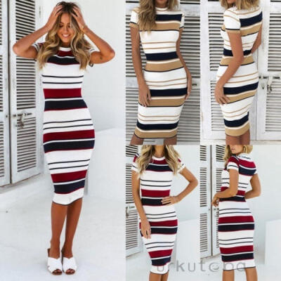 

Fashion Women Summer Striped Round Neck Short Sleeve Bodycon Fashion Midi Dress