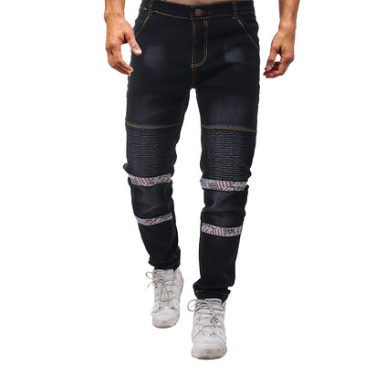 

Gobestart Mens Fashion Floral Patchwork Pleated Old Elasticated Belt Slim Fit Jeans