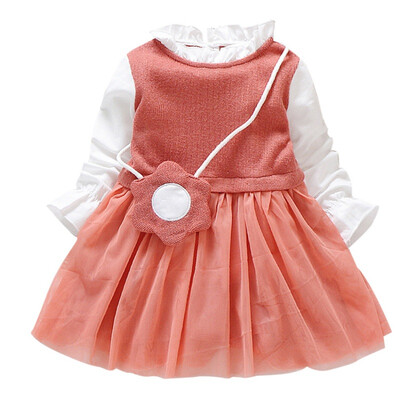 

Spring Autumn New Baby Girl Sweet Solid Color Long Sleeve Tutu Dresses Cotton Mesh Comfortable Macrame Collar With Bag Dresses