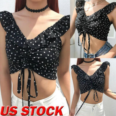 

US Summer New Fashion Womens Dot Printed Blouse Bandage Vest Crop Casual Top