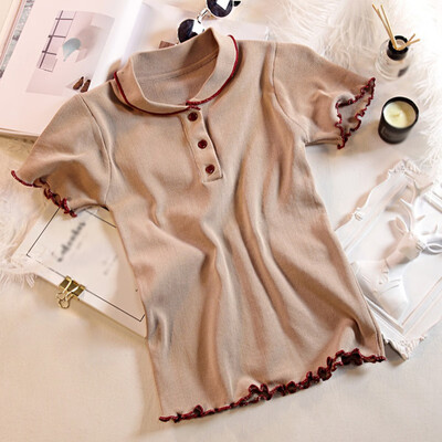 

Korean Style Solid Color button Turn Collar Neck Short-sleeved T-shirts Simple Casual Womens Knitted Tops