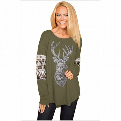 

Round neck long sleeve reindeer print sequin stitching casual straight shirt womens