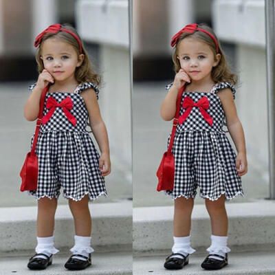 

US Toddler Kid Baby Girl Plaid Bowknot Romper Bodysuit Jumpsuit Outfit Set 1-6Y