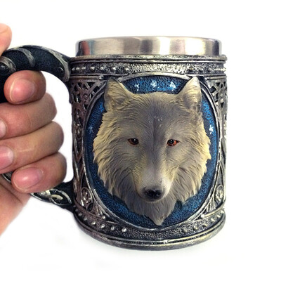 

Siaonvr 3D Wolf King Head Pattern Mug Retro Resin Stainless Steel Coffee Tea Cup 15oz