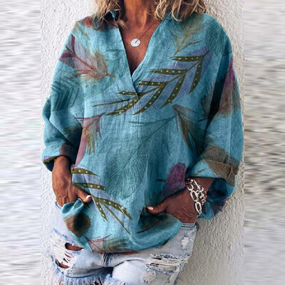 

Amazon AliExpress 2019 explosion models ladies shirt large size casual European&American V-neck pullover printed long-sleeved