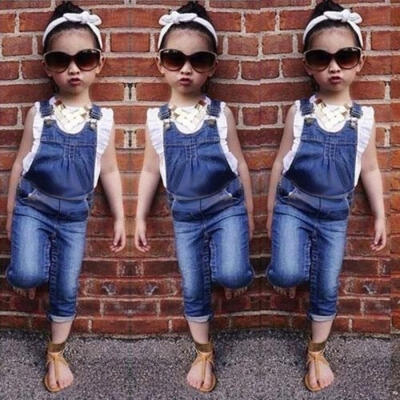 

2PCS Girls Demin Dungarees Toddler Kids VestJeans Pants Outfits Clothes Set