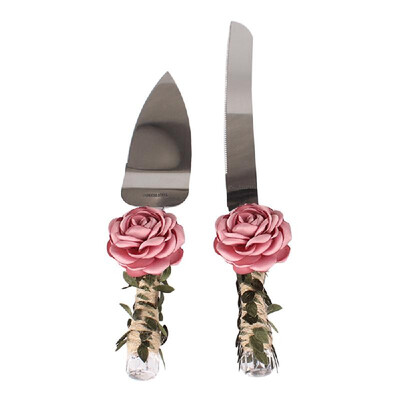 

Stainless Steel Wedding Cake Knife & Server Set Crystal Handle with Artificial Rose Flower Cake Cutter for Wedding Anniversary Bir