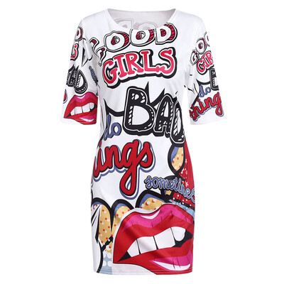

Plus Size T Shirt Dress Women Funny Print Summer Dresses Cartoon Hip-Hop Lip Letters Mini Dress Club Party Vestidos Robe