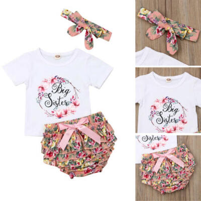 

Infant Baby Girls Floral Princess LittleBig Sister Romper Pant Headband 3pcs