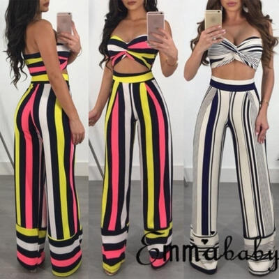 

2018 Summer Sexy Women Wrap Tops Striped Wide Leg Pants Two Pieces