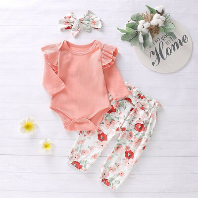 

3PCS Newborn Baby Girl Kid Tops Romper Floral Pants Headband Outfits Set Clothes