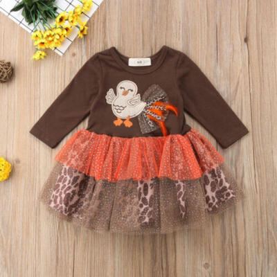 

Newborn Baby Girl Thanksgiving Outfits Long Sleeve Turkey Leopard Tulle Dresses