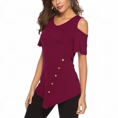 

Solid color bottoming shirt womens V-neck short-sleeved button top