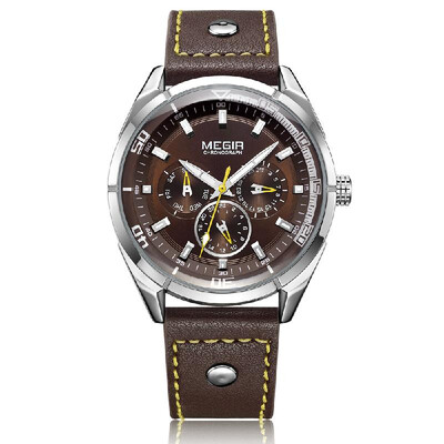

MEGIR Chronograph Sport Watch Men Clock Quartz Leather Strap Luminous Wristwatch