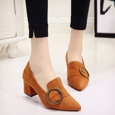 

Black High-heeled Womens Rough-heeled Autumn Tip Mid-heeled Xiao Qingxin Korean Baitao Summer GirlsSingle Shoes