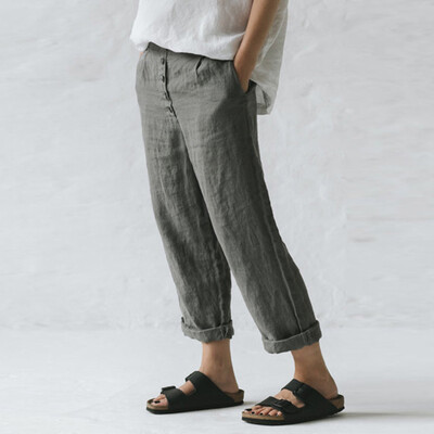 

2019 Women Casual Cotton Linen Pants Straight Pocket Button Long Trousers M2XL