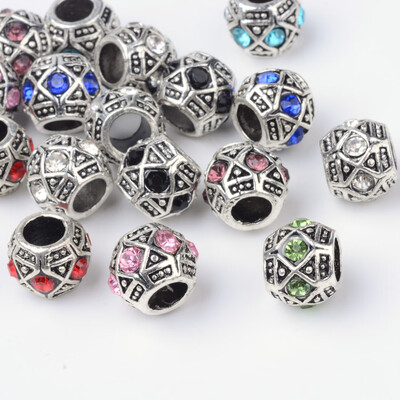 

Alloy Rhinestone Rondelle Large Hole European Beads Antique Silver Mixed Color 11x9mm Hole 5mm