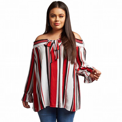 

Contrast vertical stripes word collar long sleeve large size shirt womens