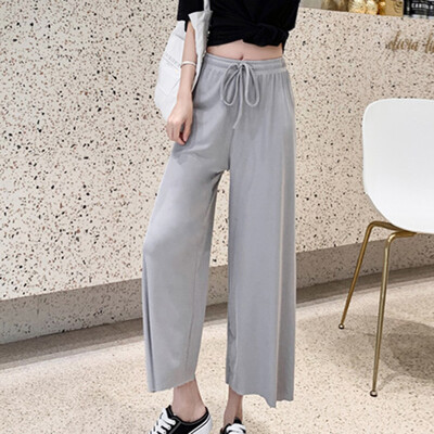 

Women Ice Silk Wide Leg Pants Ladies High Waist Casual Loose Straight Trousers